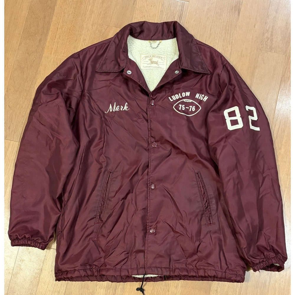 Vtg 70s Deerfoot Nylon Windbreaker Sherpa Lined Jacket L Ludlow High Football MA
